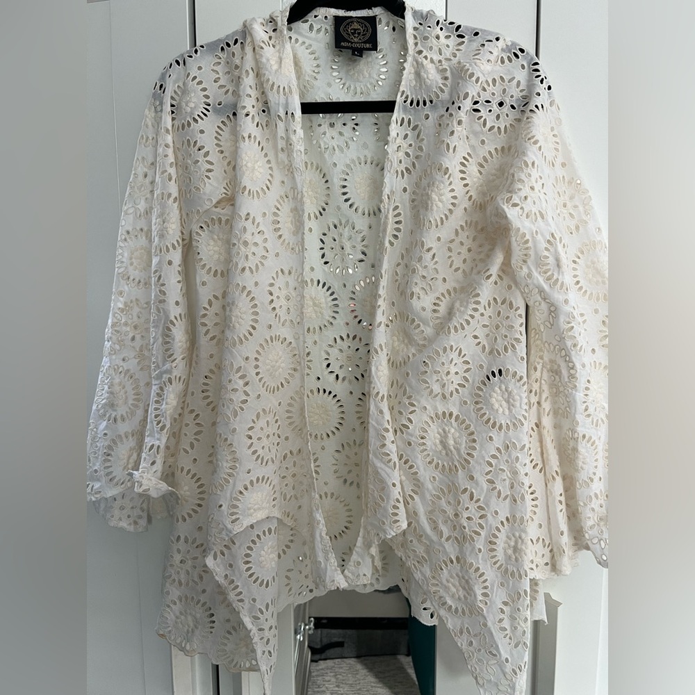 AUM COUTURE. White cardigan/ blouse. Size Large